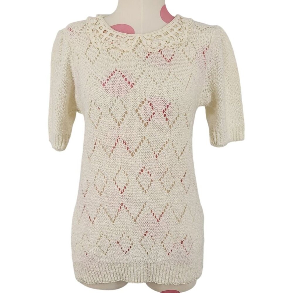 Vintage Women's Herald House Sweater w/Lace Crochet Collar S/M Made in USA Cream
